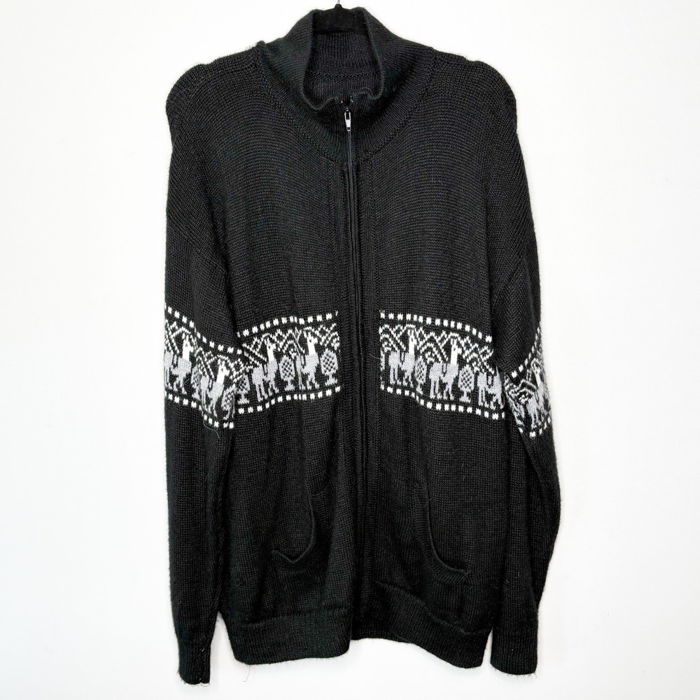 Vintage Peruvian Style Alpaca Llama Fair Isle Zip Cardigan Black White Size XL